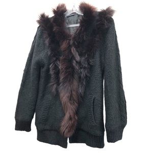 Twiggy W Size S Black/Brown Long Sleeve Cable Knit Cardigan with Fur Trim